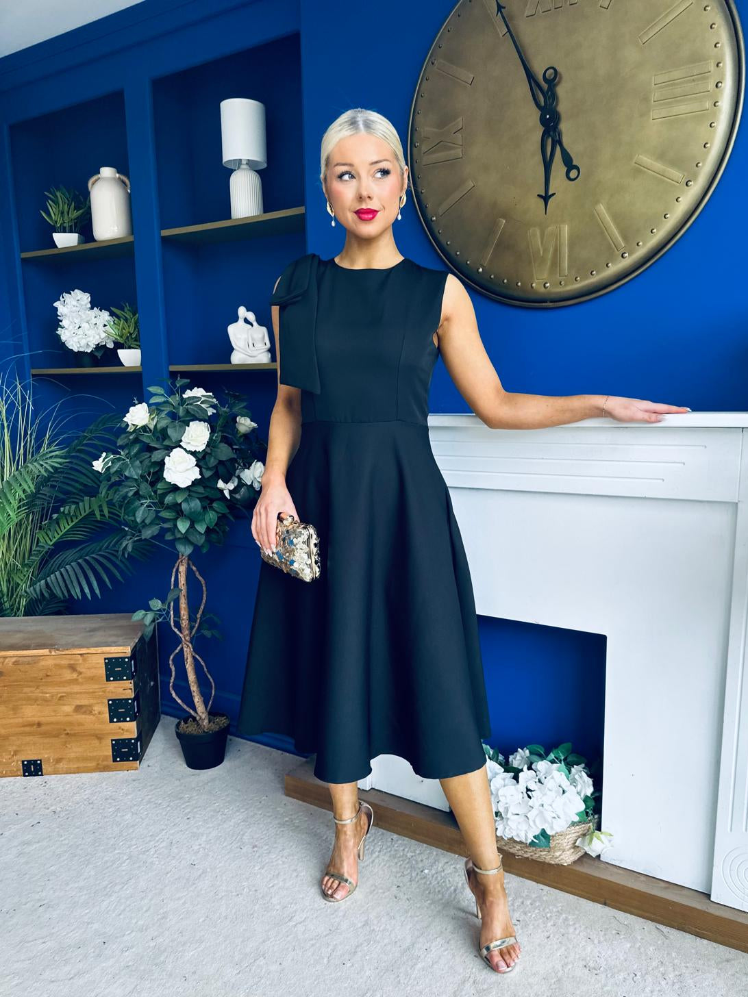 Caitlin Bow Detail Midi Dress Black