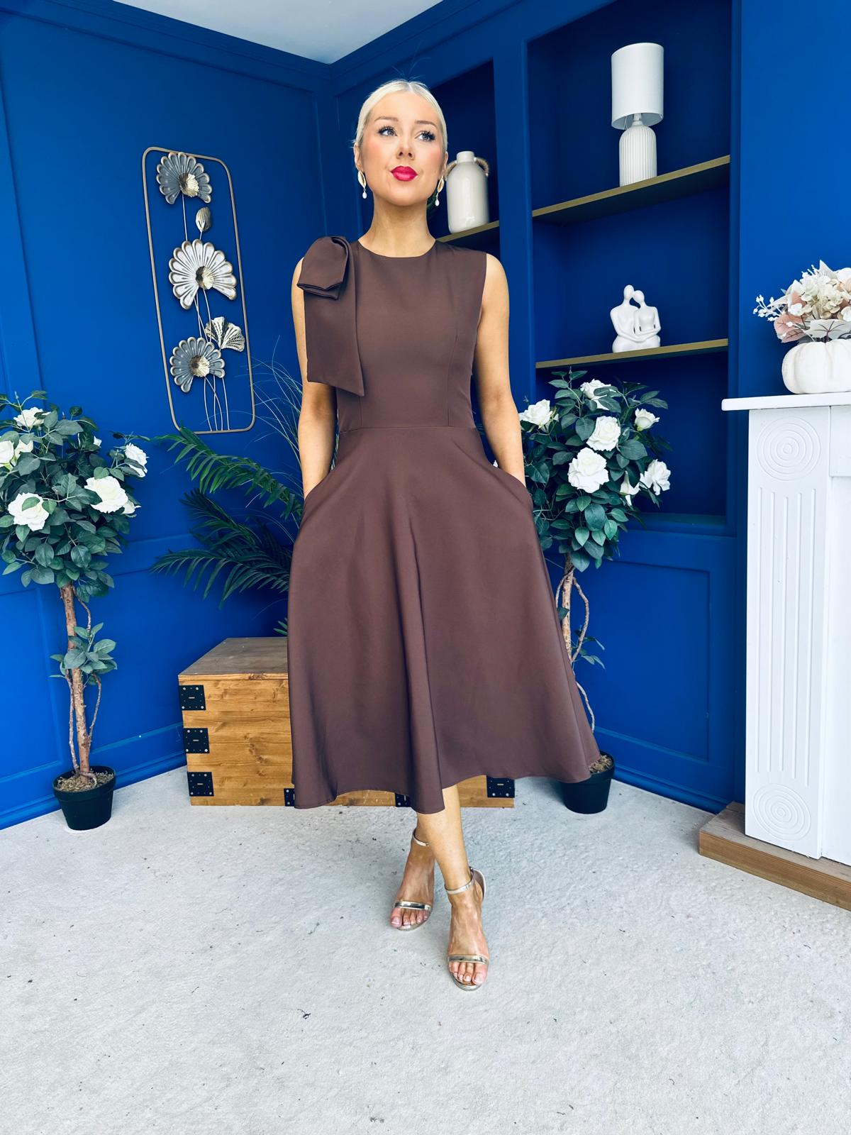 Caitlin Bow Detail Midi Dress Chocolate