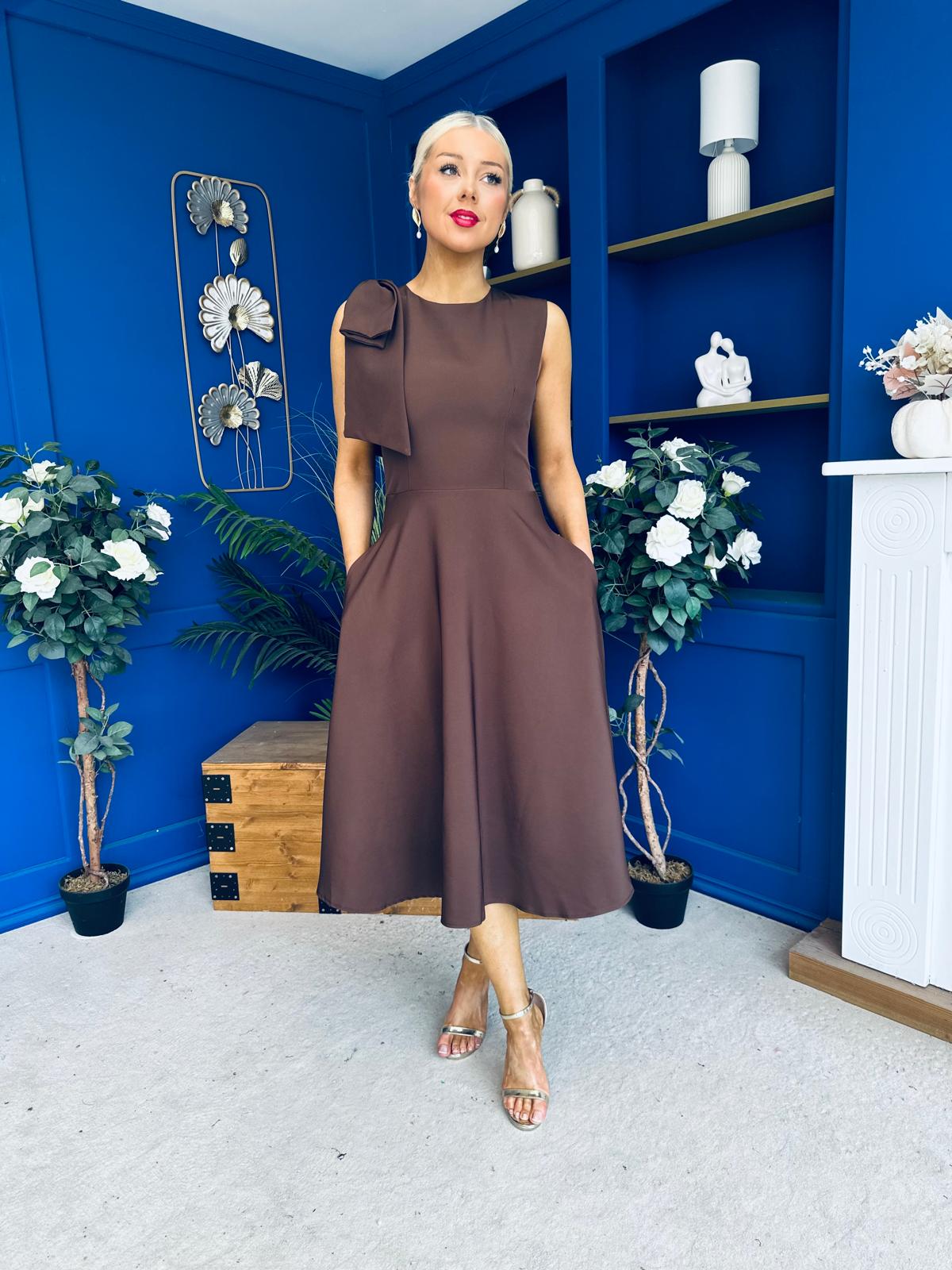 Caitlin Bow Detail Midi Dress Chocolate