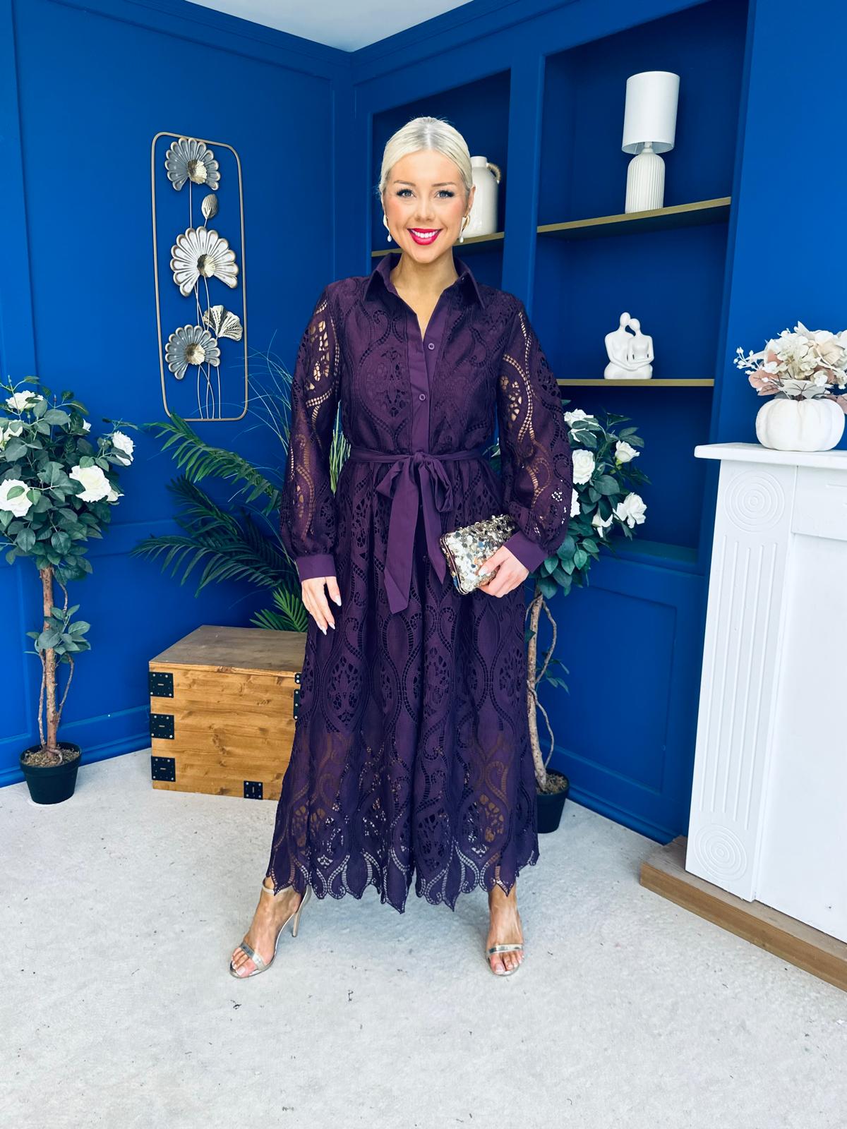 Matilda Crochet Shirt Midi Dress Purple