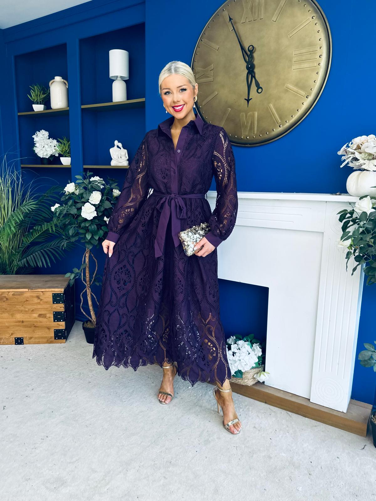 Matilda Crochet Shirt Midi Dress Purple