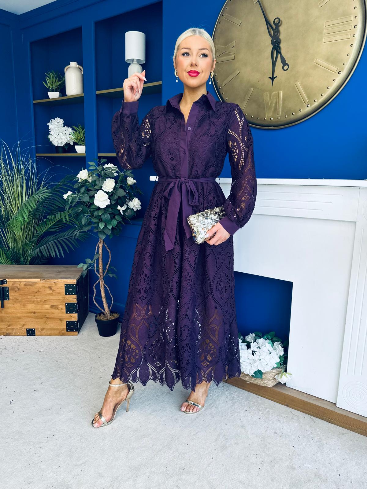 Matilda Crochet Shirt Midi Dress Purple