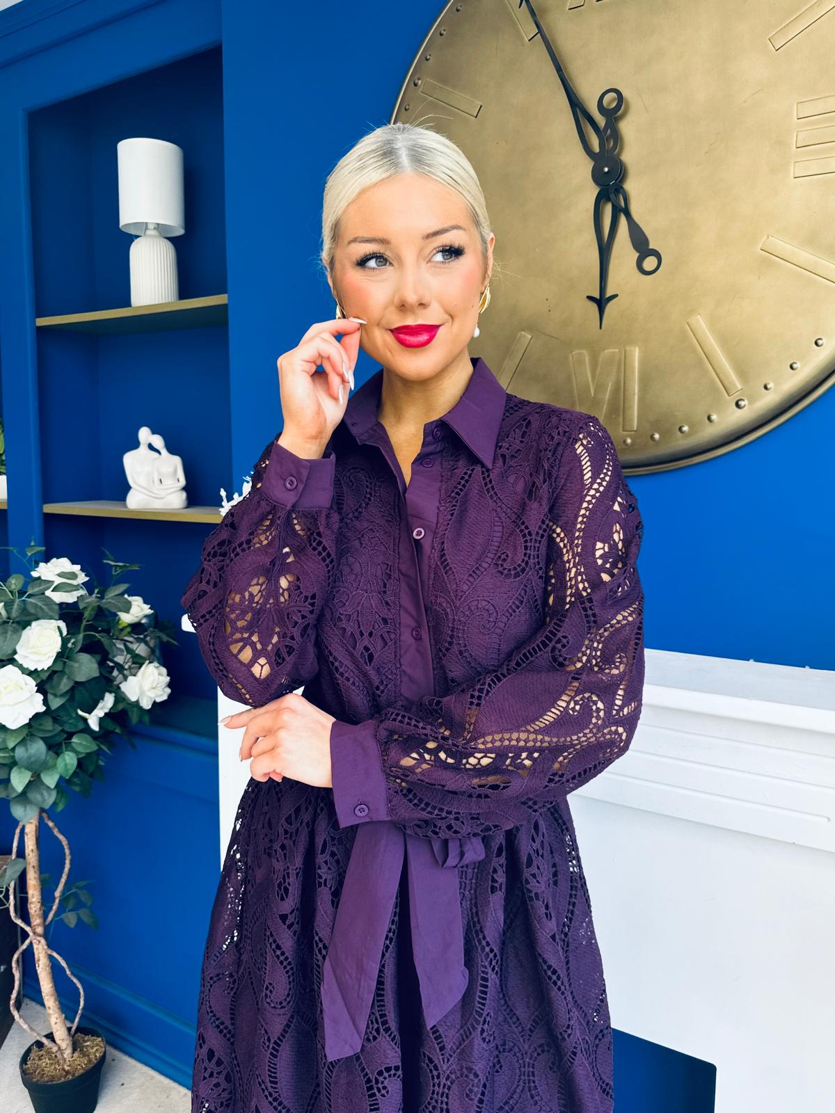 Matilda Crochet Shirt Midi Dress Purple