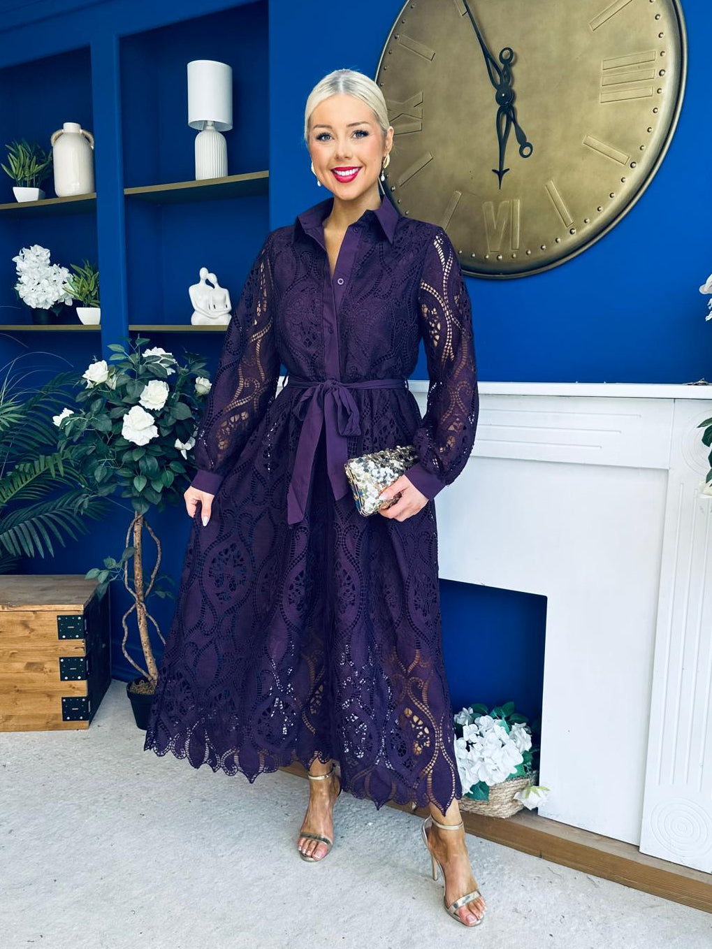 Matilda Crochet Shirt Midi Dress Purple