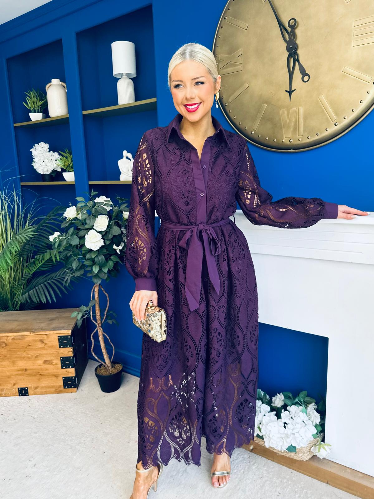 Matilda Crochet Shirt Midi Dress Purple