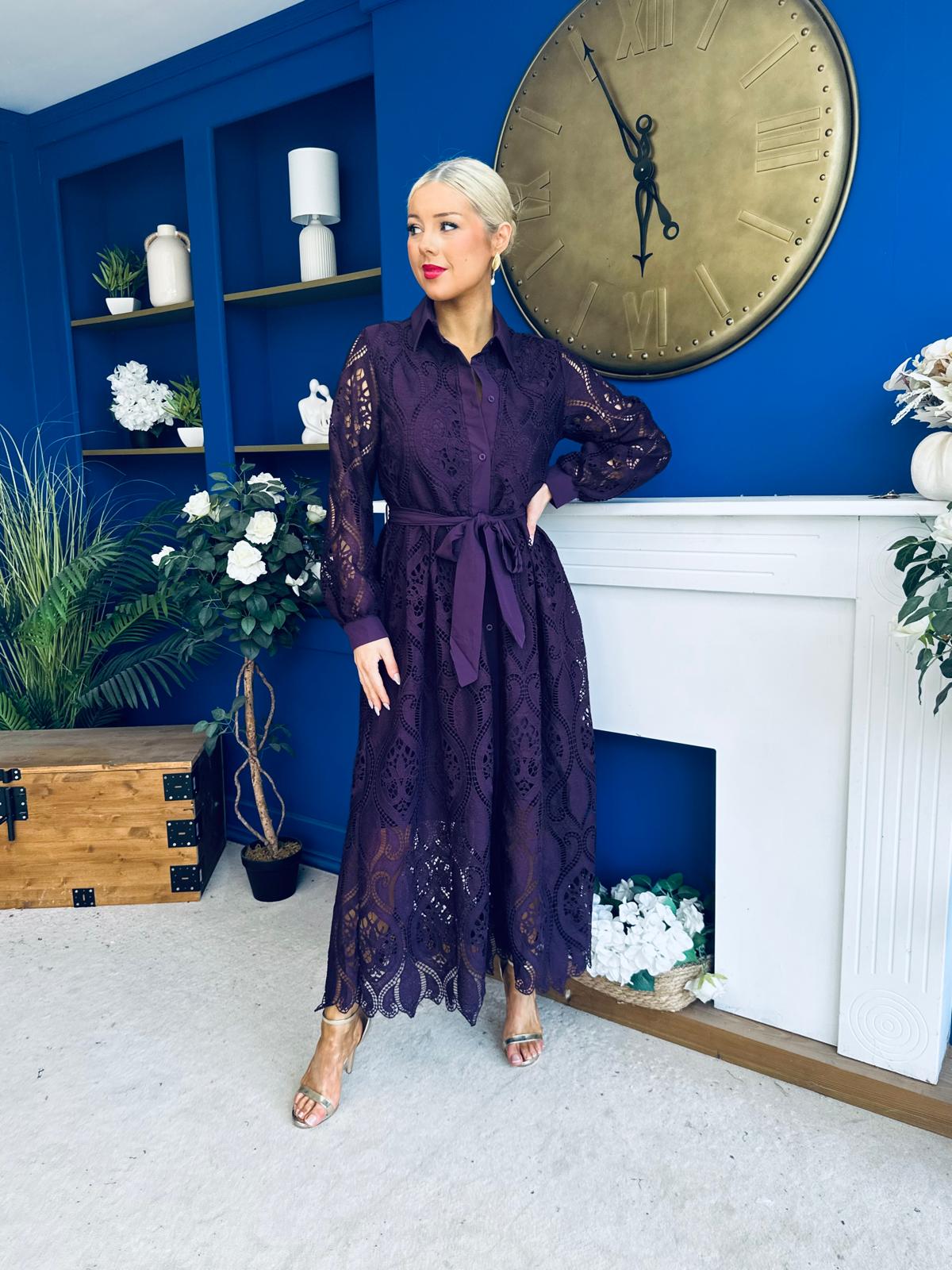 Matilda Crochet Shirt Midi Dress Purple