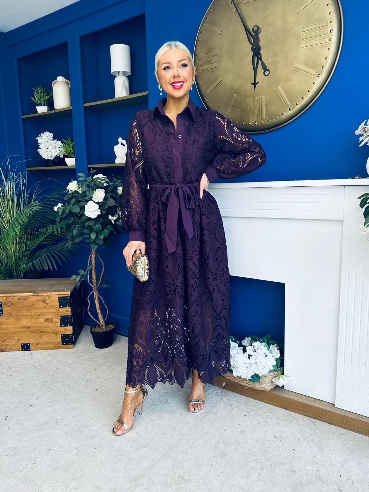 Matilda Crochet Shirt Midi Dress Purple