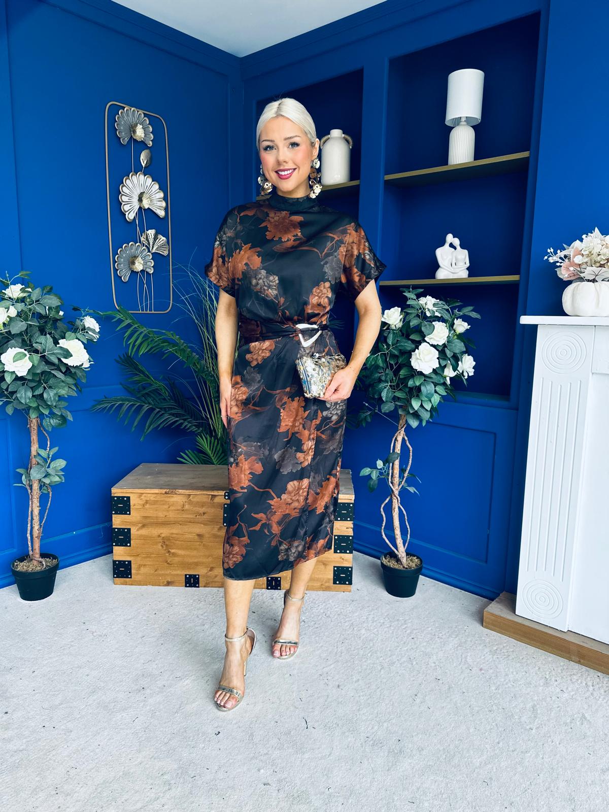 Lauren Floral High Neck Gold Buckle Midi Dress Autumn