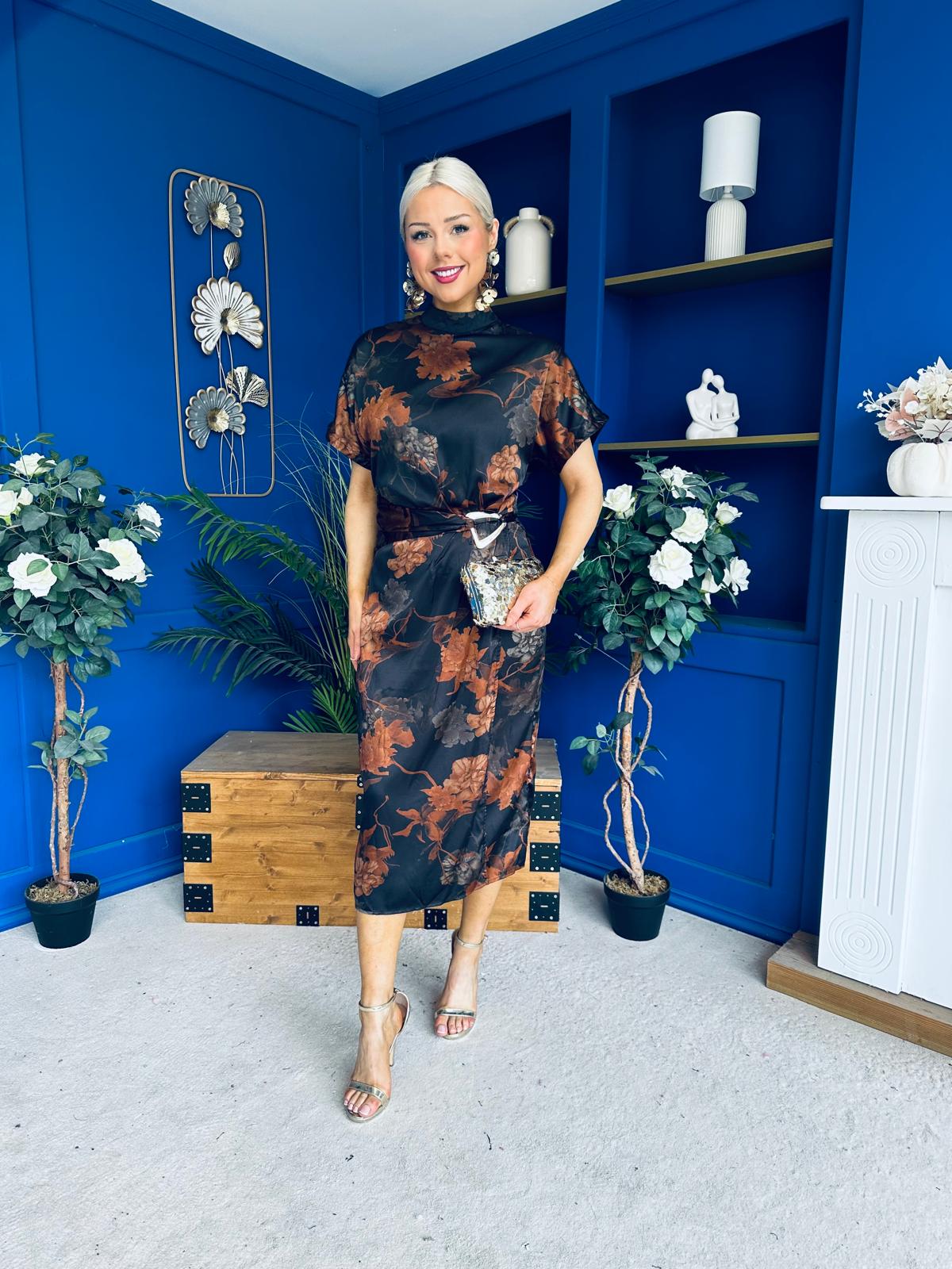Lauren Floral High Neck Gold Buckle Midi Dress Autumn