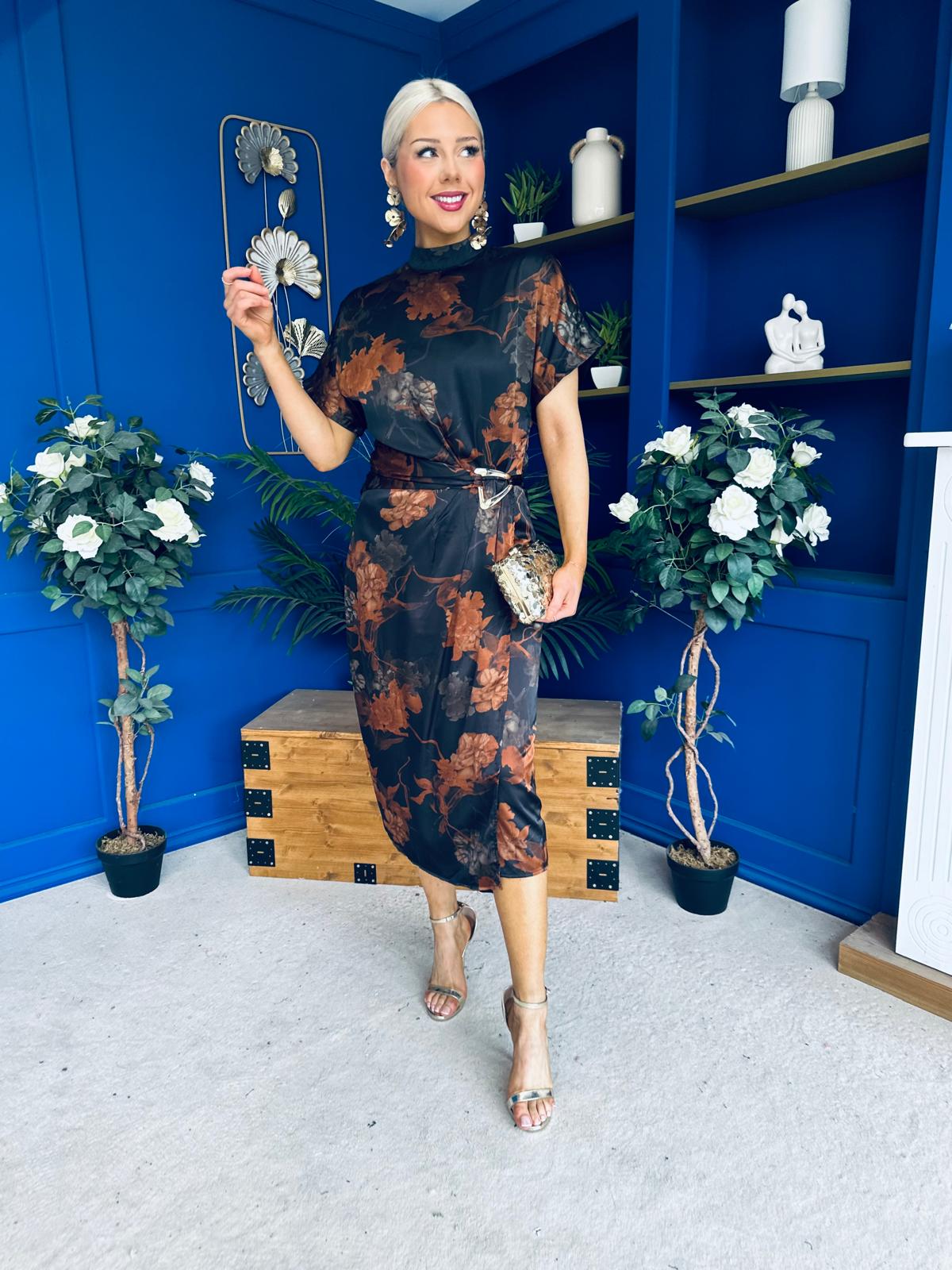 Lauren Floral High Neck Gold Buckle Midi Dress Autumn