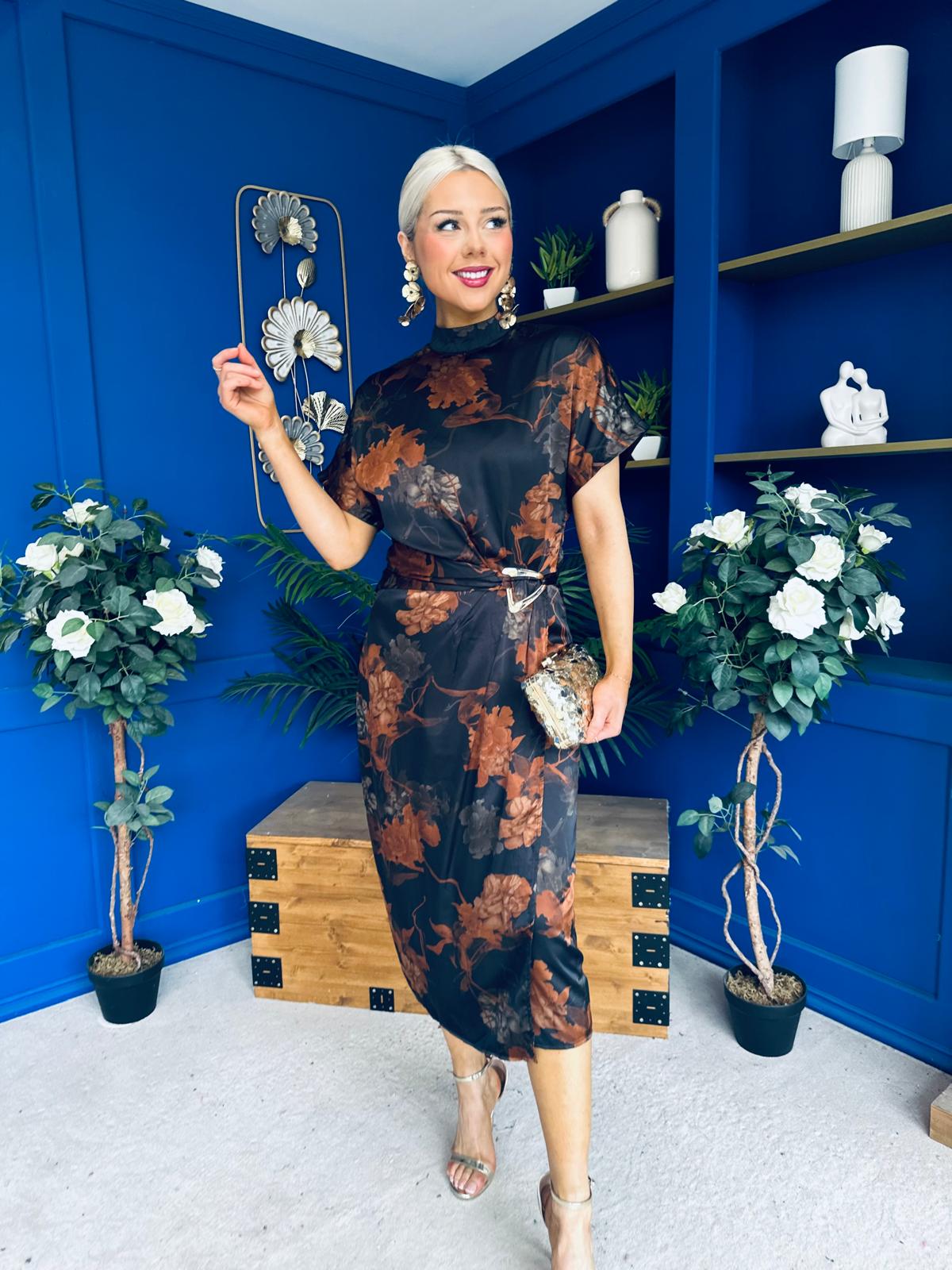 Lauren Floral High Neck Gold Buckle Midi Dress Autumn