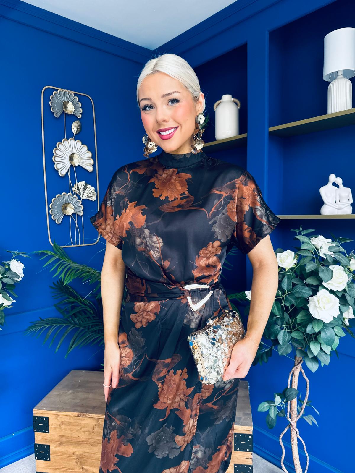 Lauren Floral High Neck Gold Buckle Midi Dress Autumn