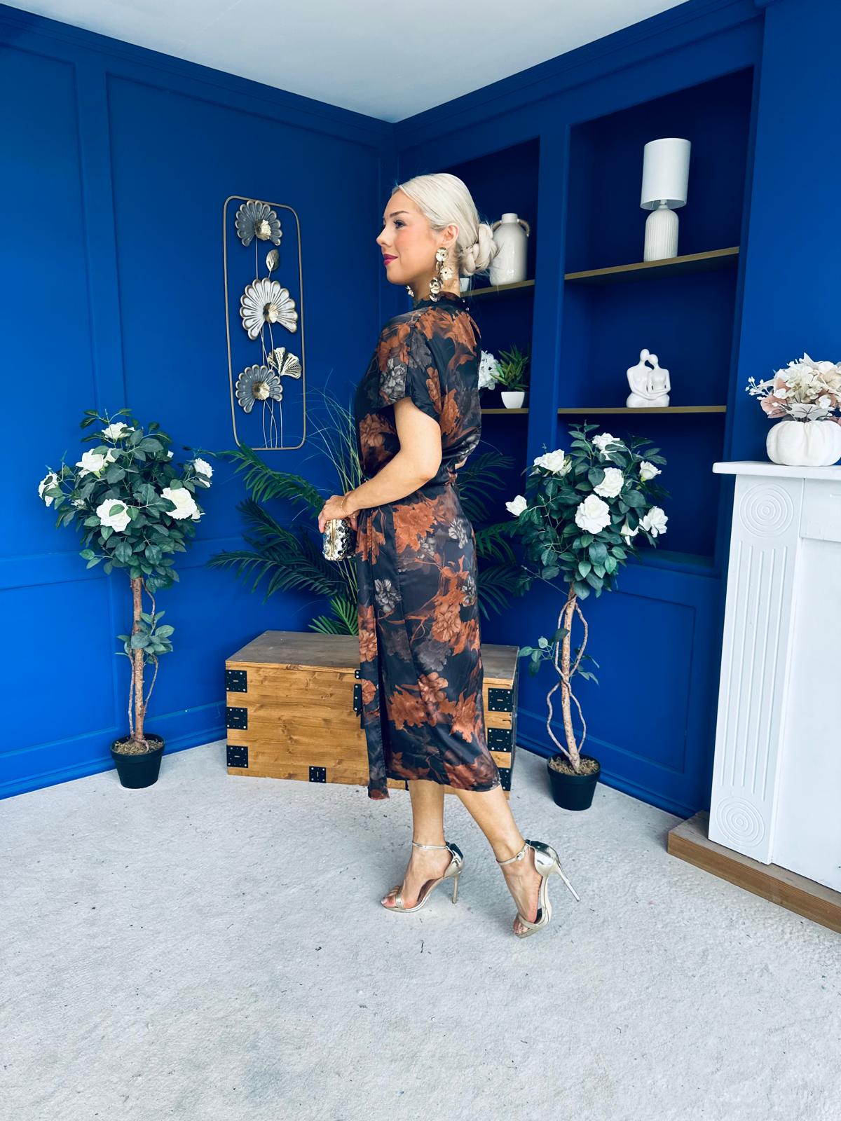 Lauren Floral High Neck Gold Buckle Midi Dress Autumn