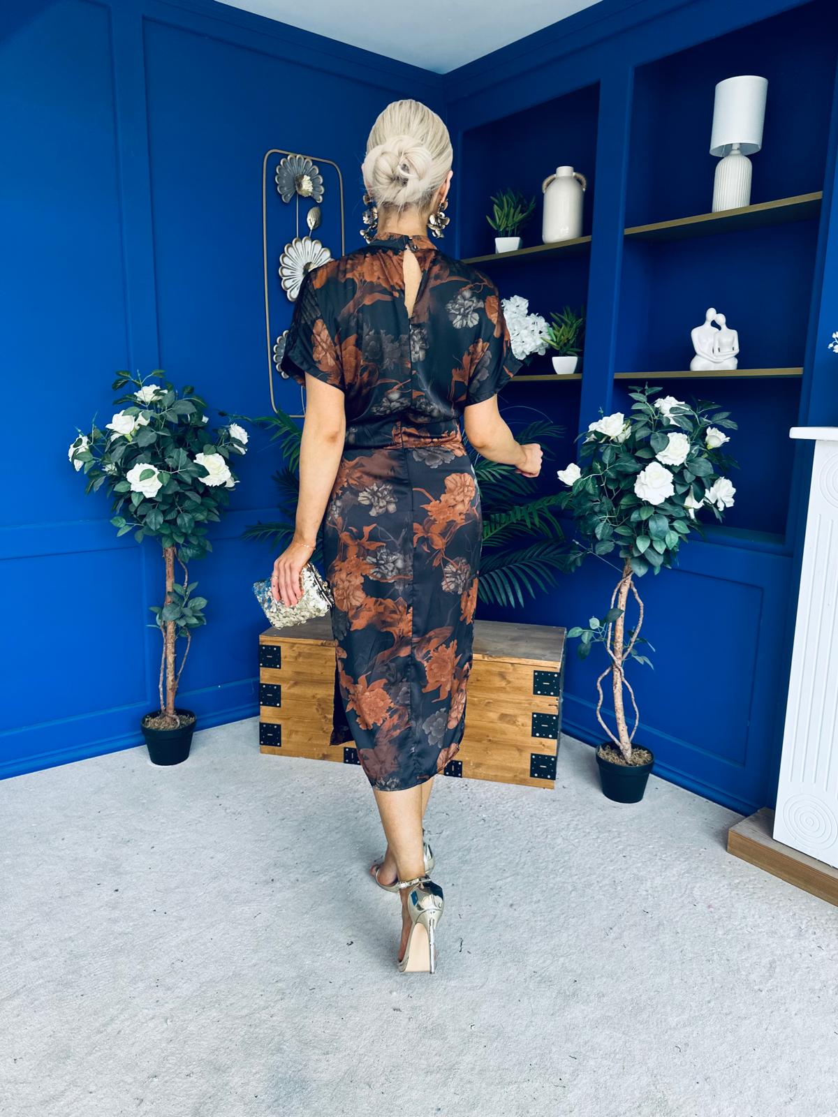Lauren Floral High Neck Gold Buckle Midi Dress Autumn