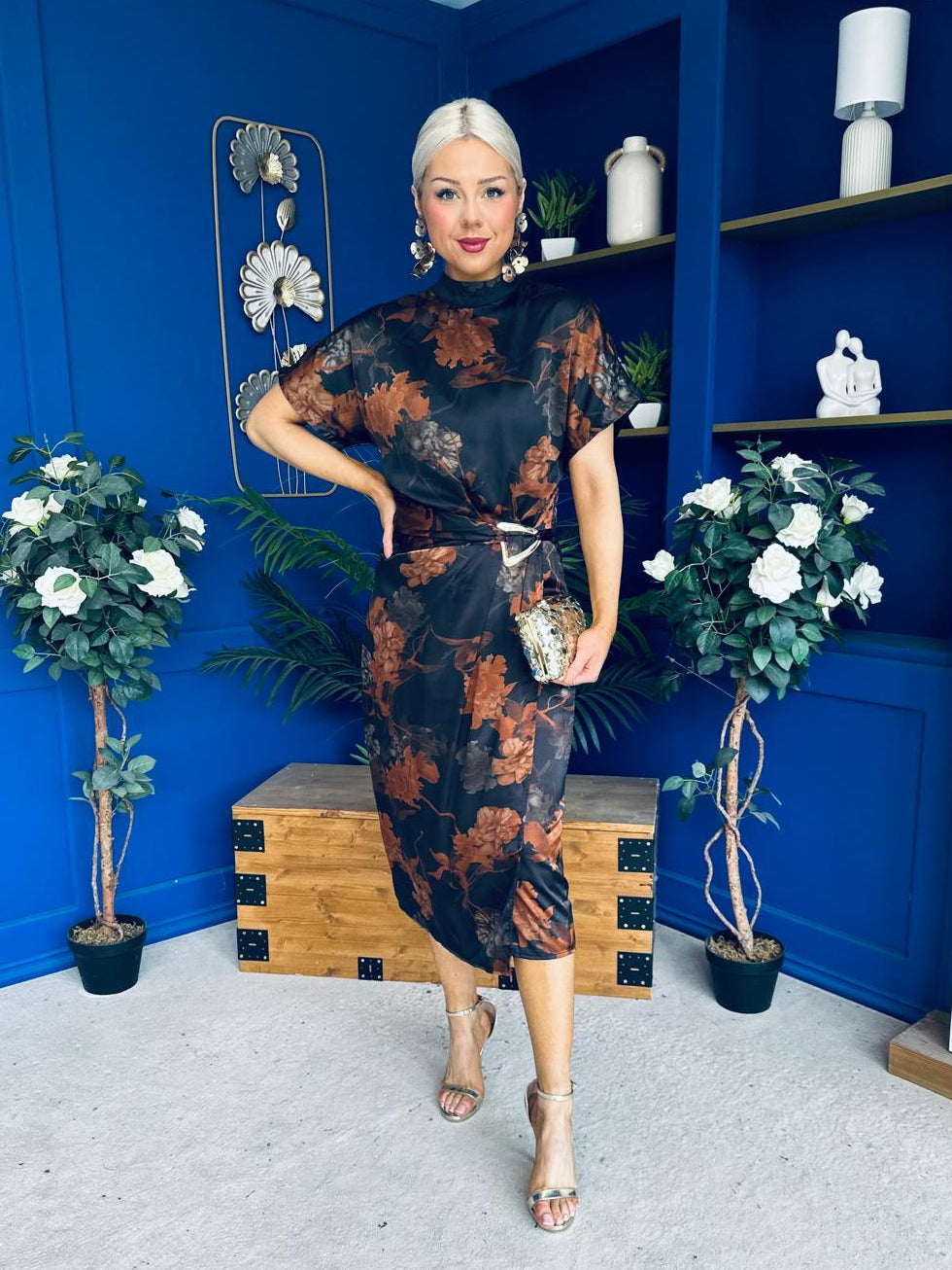 Lauren Floral High Neck Gold Buckle Midi Dress Autumn