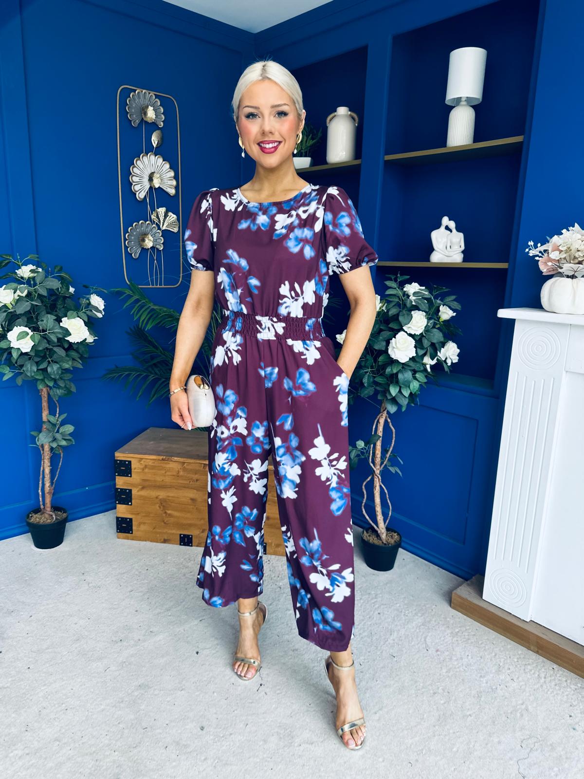 Erin Culotte Jumpsuit Deer Floral Burgundy