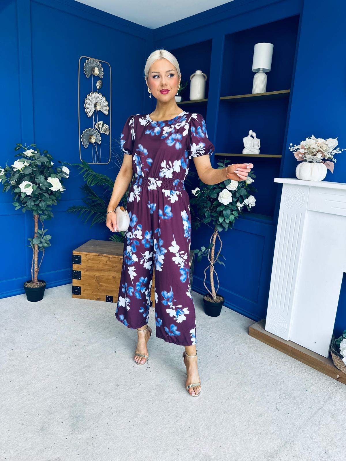 Erin Culotte Jumpsuit Deer Floral Burgundy