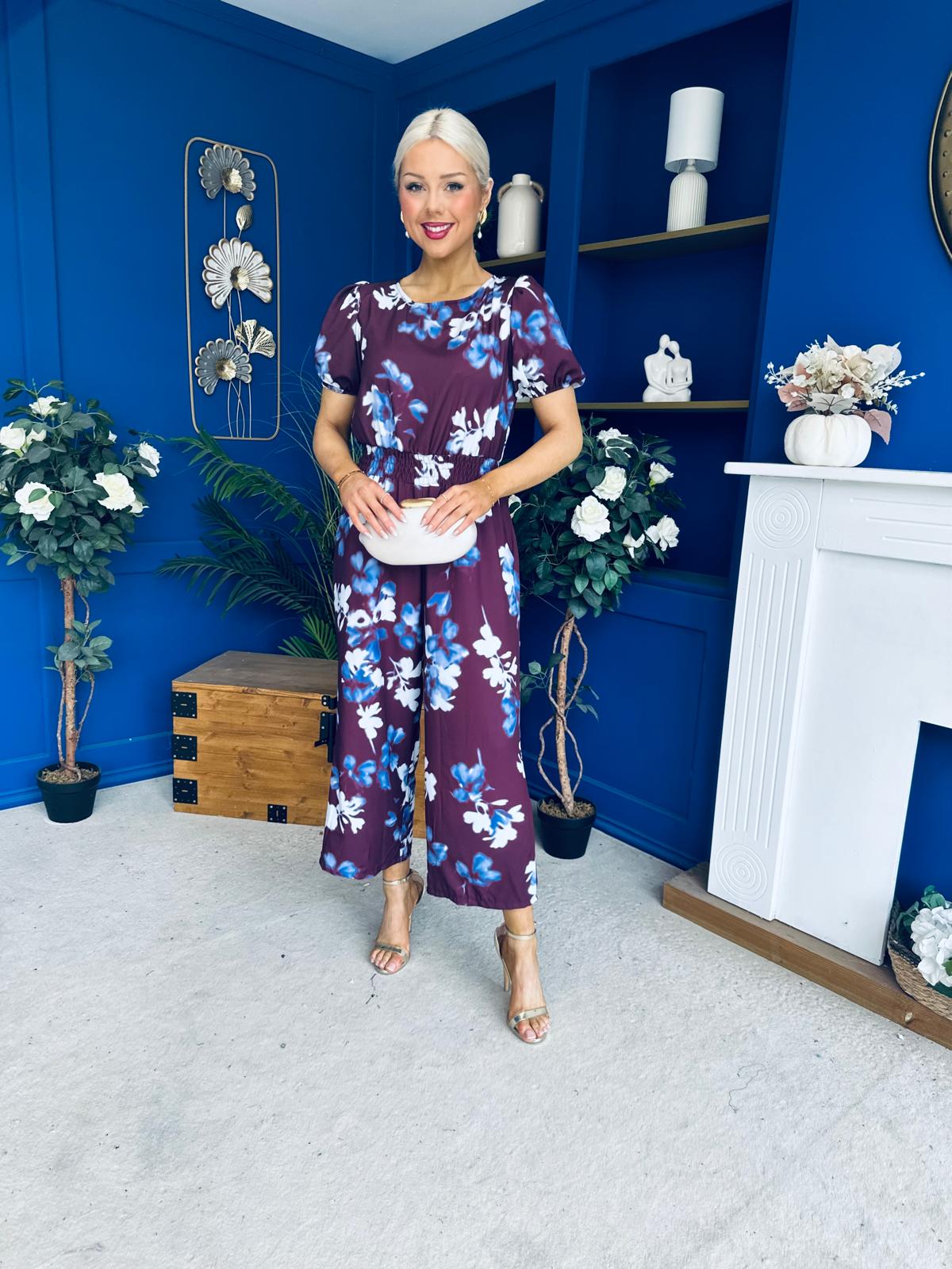 Erin Culotte Jumpsuit Deer Floral Burgundy