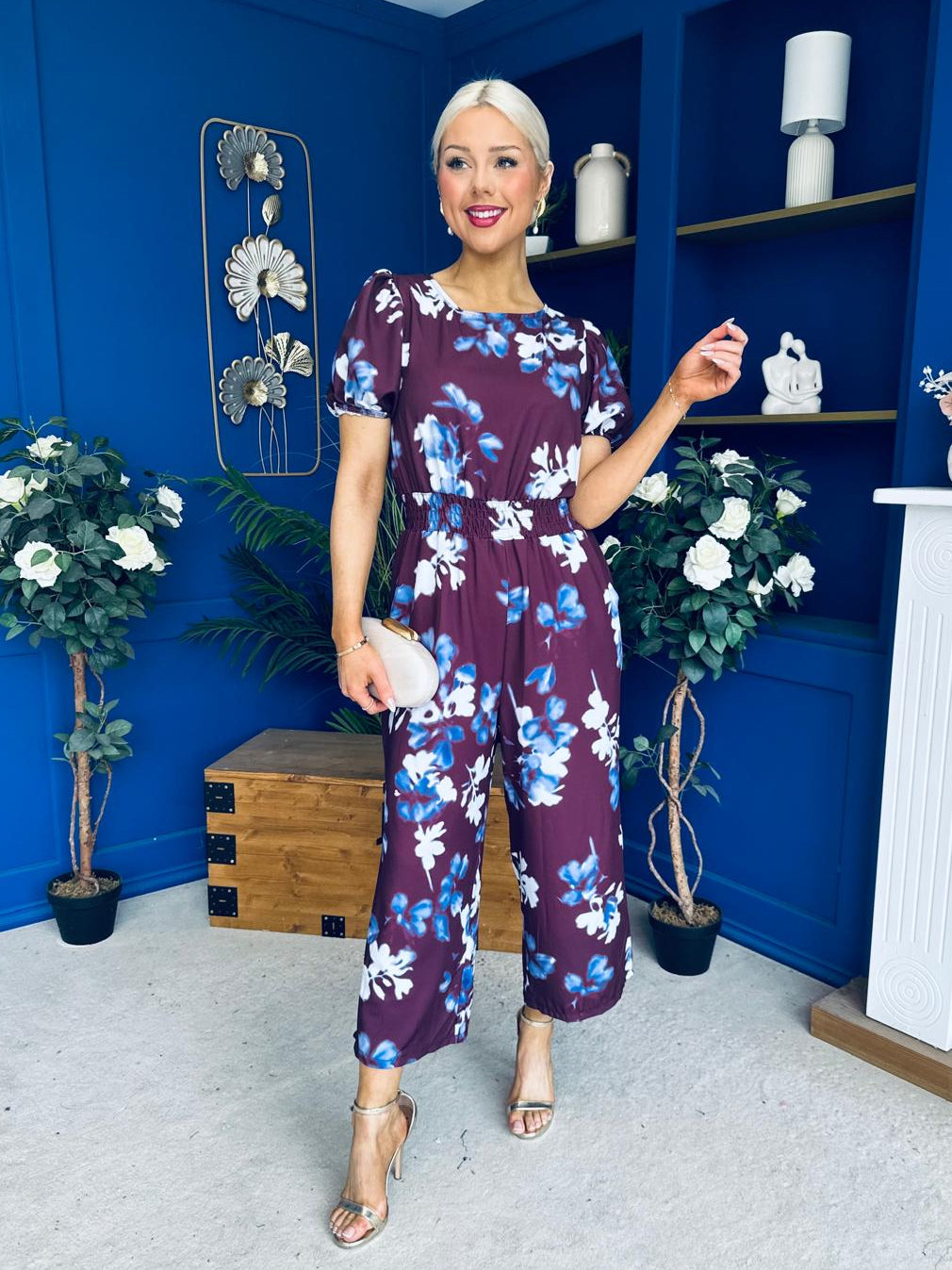 Erin Culotte Jumpsuit Deer Floral Burgundy
