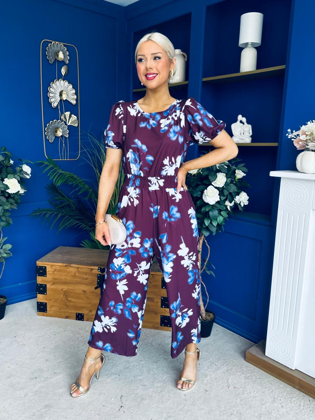 Erin Culotte Jumpsuit Deer Floral Burgundy