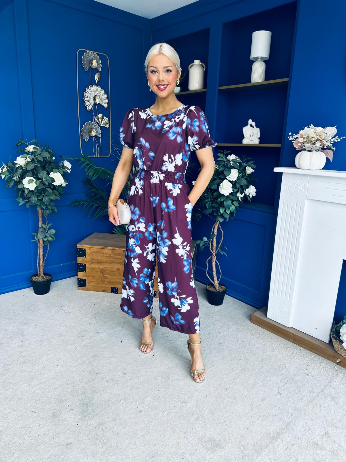 Erin Culotte Jumpsuit Deer Floral Burgundy