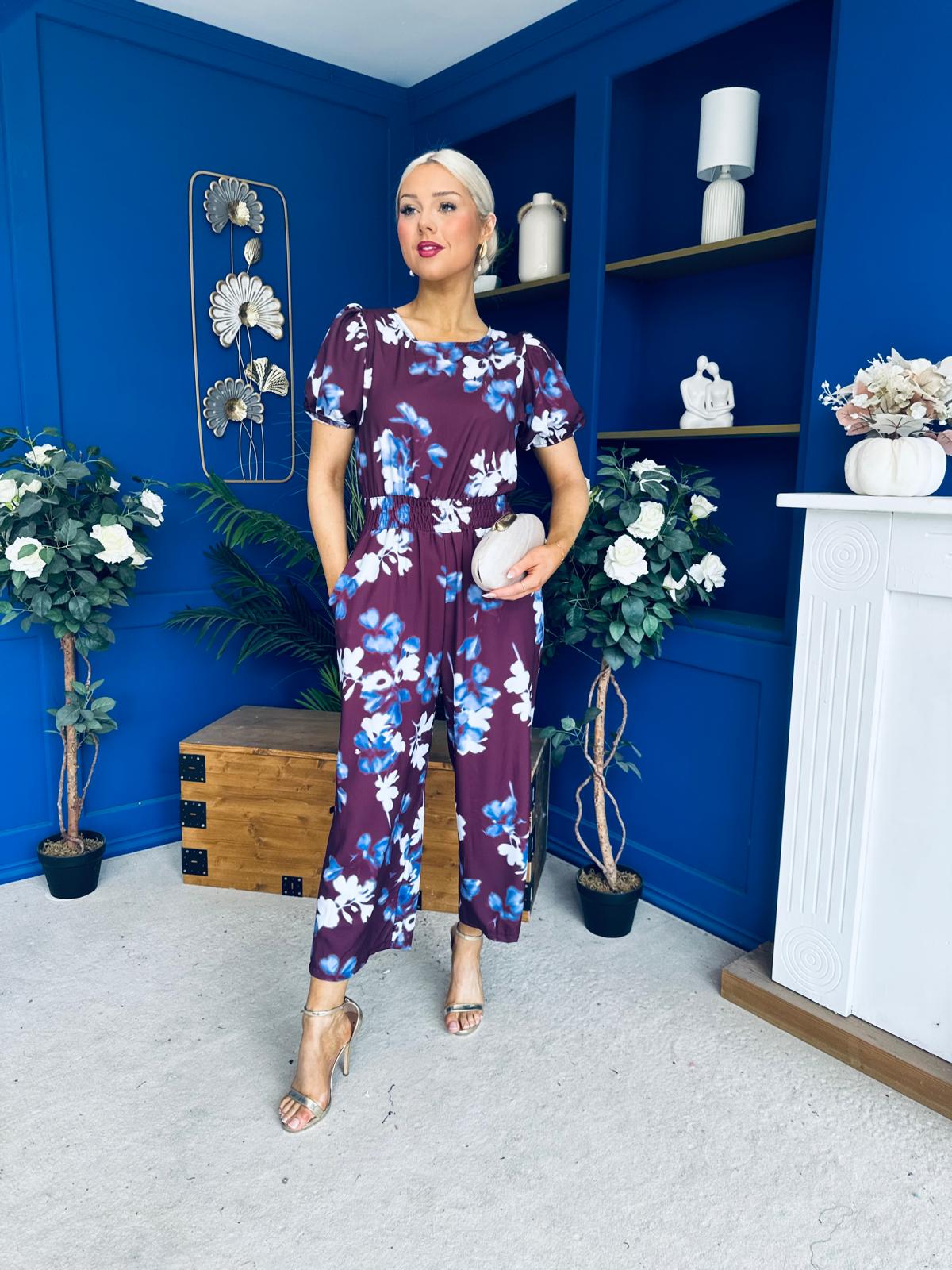 Erin Culotte Jumpsuit Deer Floral Burgundy