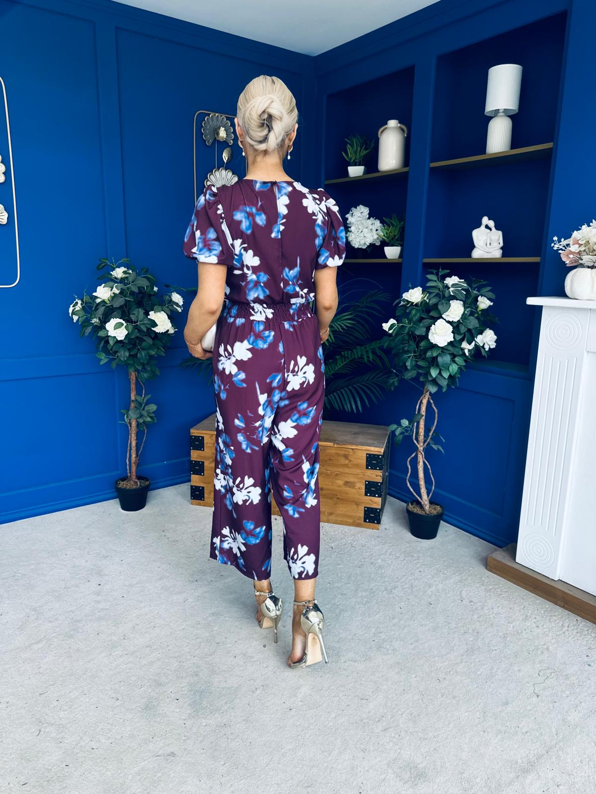 Erin Culotte Jumpsuit Deer Floral Burgundy