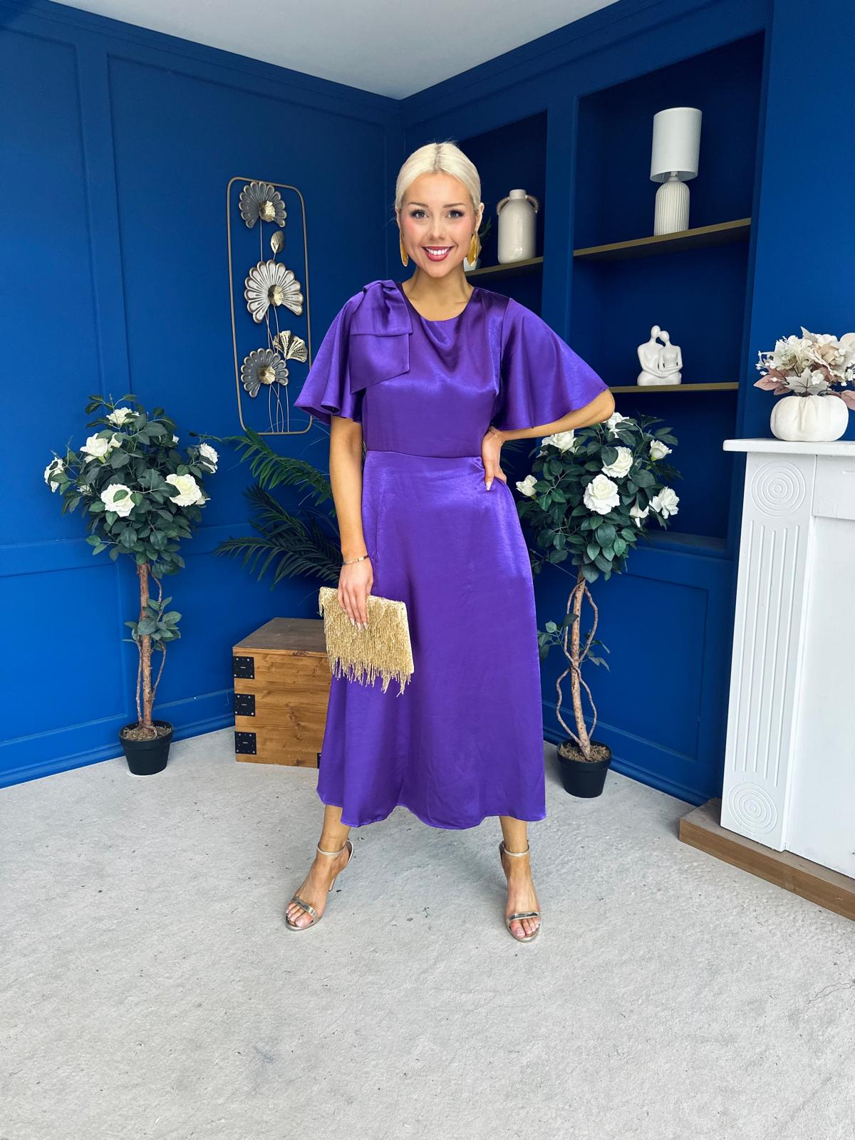 Brooklyn Bow Detail Satin Midi Dress Violet