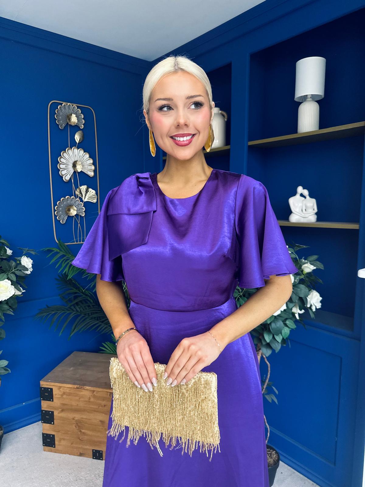 Brooklyn Bow Detail Satin Midi Dress Violet
