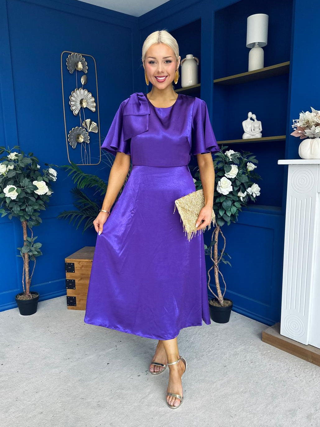 Brooklyn Bow Detail Satin Midi Dress Violet