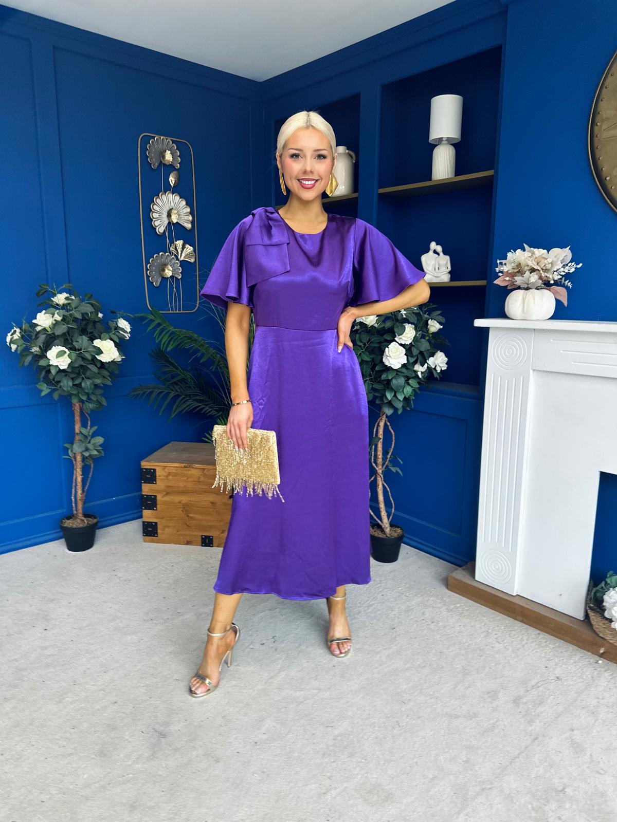 Brooklyn Bow Detail Satin Midi Dress Violet