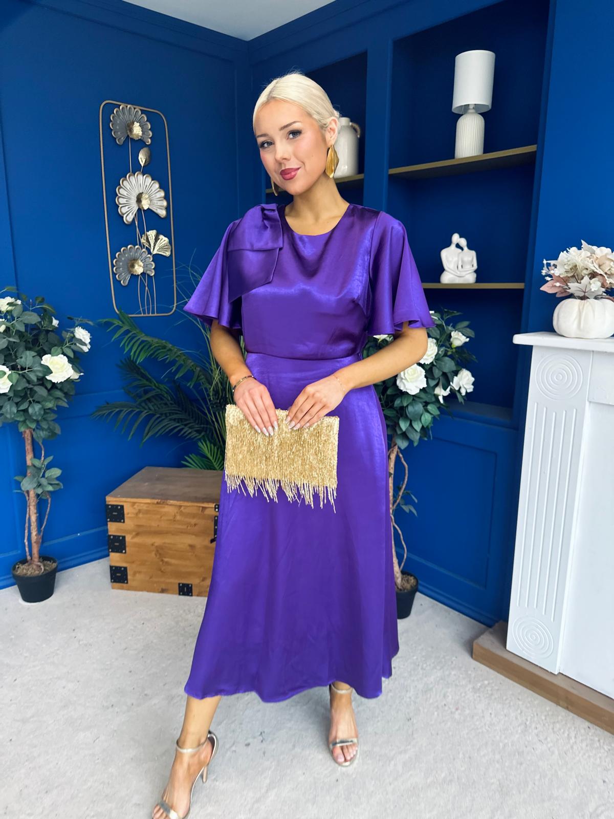 Brooklyn Bow Detail Satin Midi Dress Violet