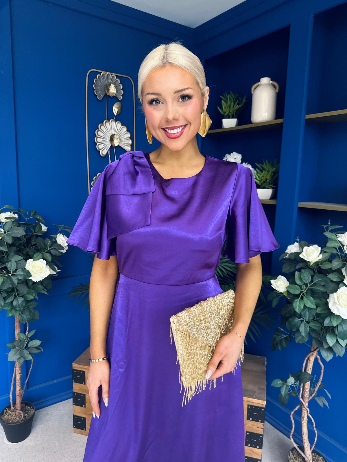 Brooklyn Bow Detail Satin Midi Dress Violet