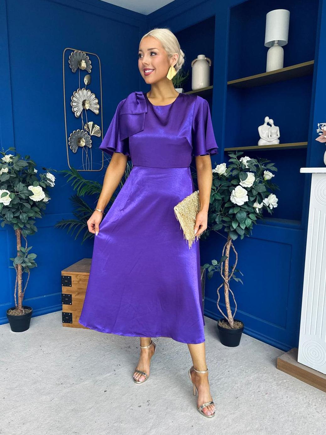 Brooklyn Bow Detail Satin Midi Dress Violet