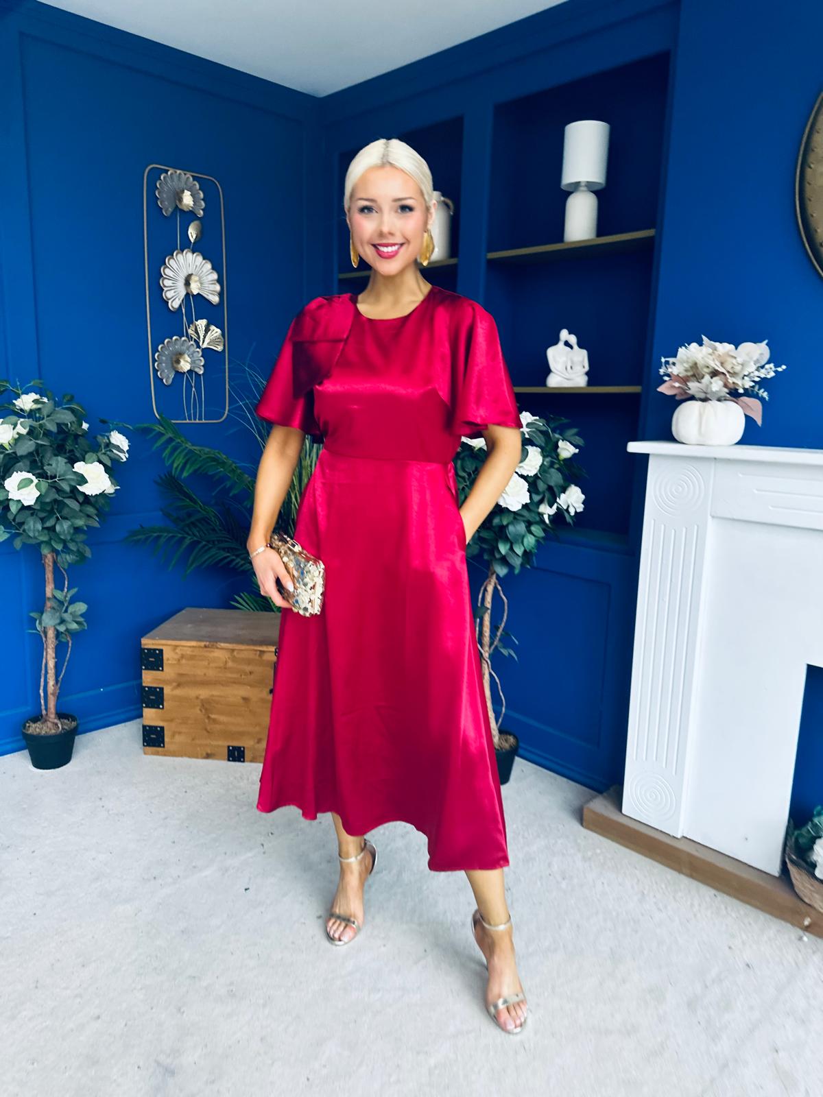 Brooklyn Bow Detail Satin Midi Dress Wine