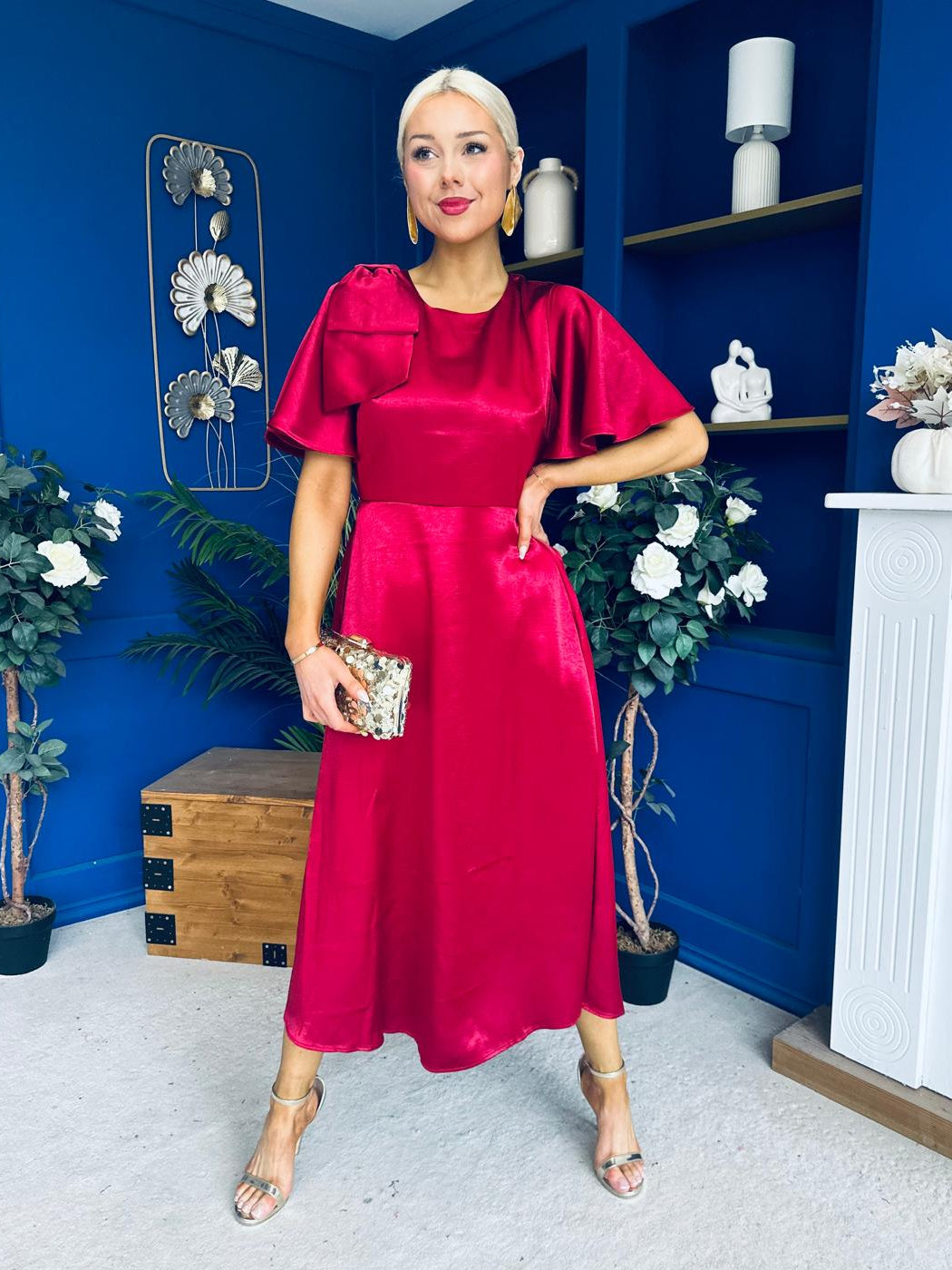 Brooklyn Bow Detail Satin Midi Dress Wine