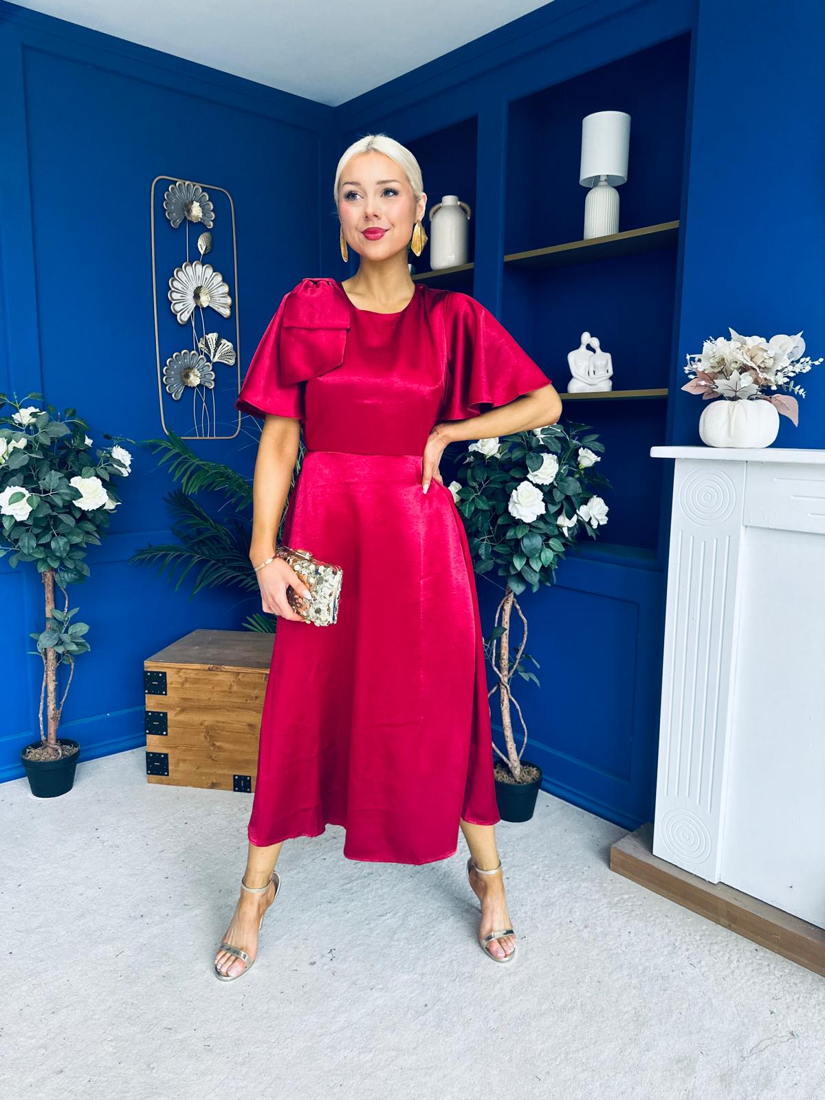 Brooklyn Bow Detail Satin Midi Dress Wine