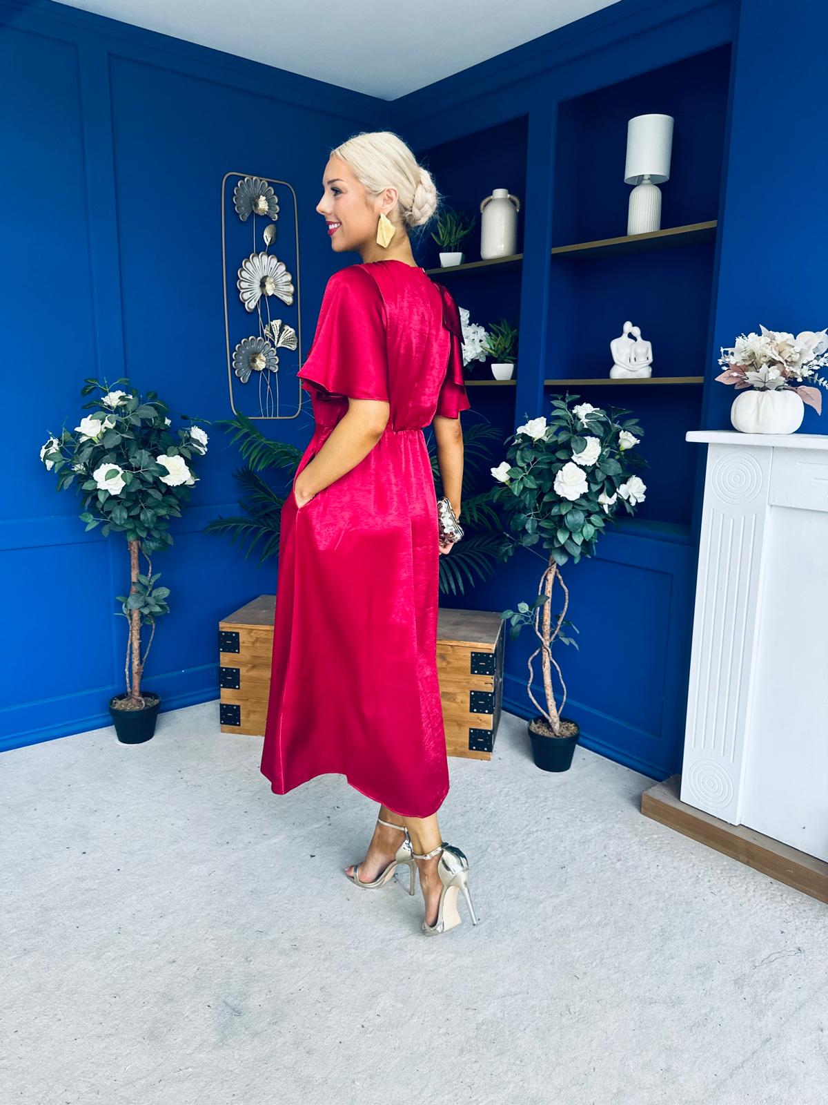 Brooklyn Bow Detail Satin Midi Dress Wine