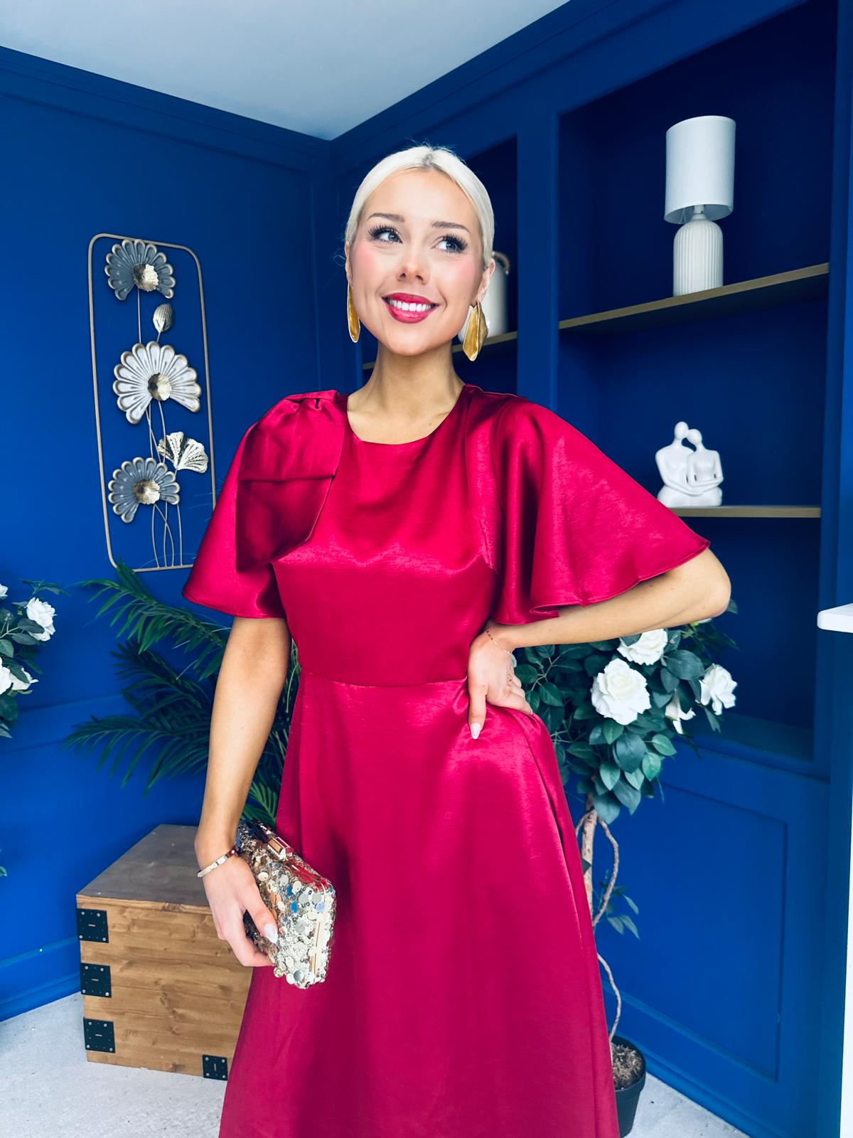 Brooklyn Bow Detail Satin Midi Dress Wine