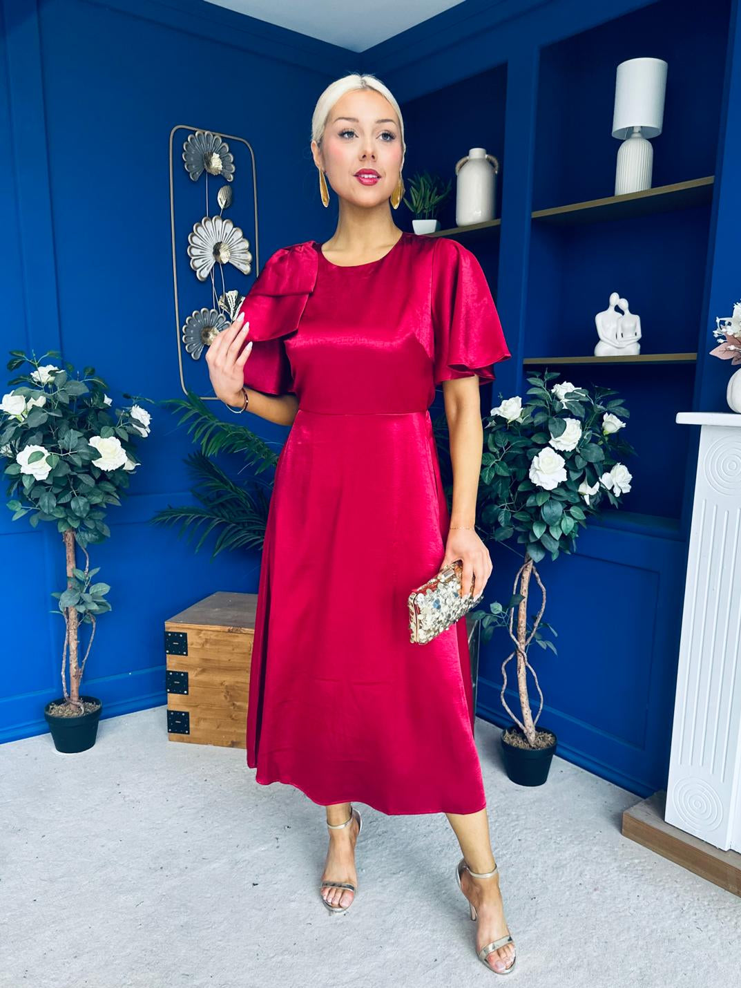 Brooklyn Bow Detail Satin Midi Dress Wine