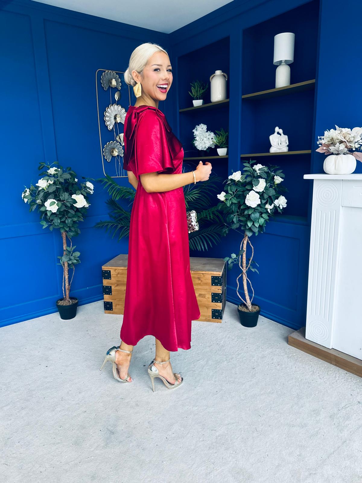 Brooklyn Bow Detail Satin Midi Dress Wine