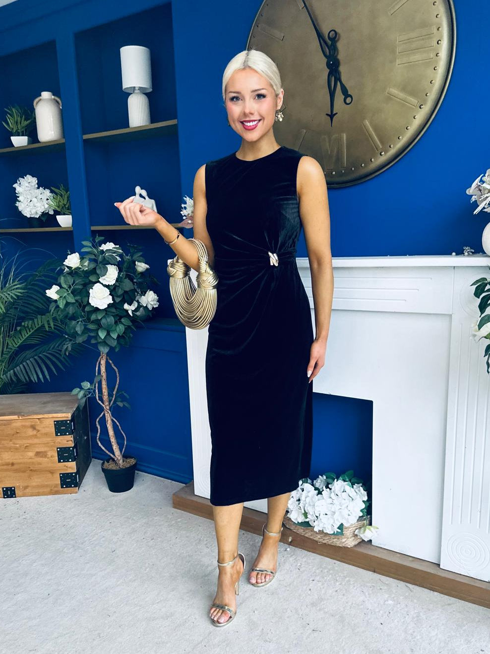Louisa Velvet Gold Buckle Midi Dress Black