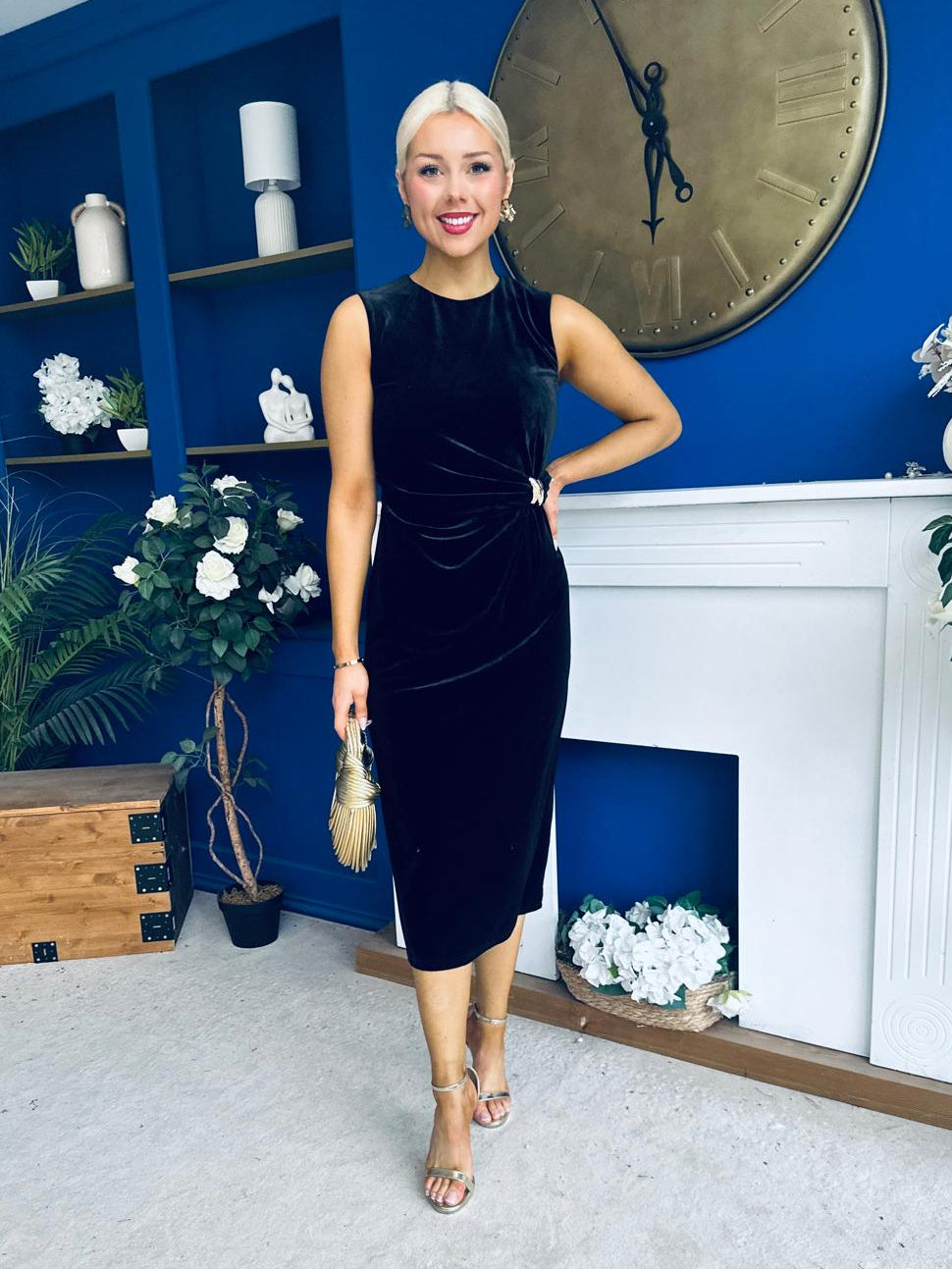Louisa Velvet Gold Buckle Midi Dress Black