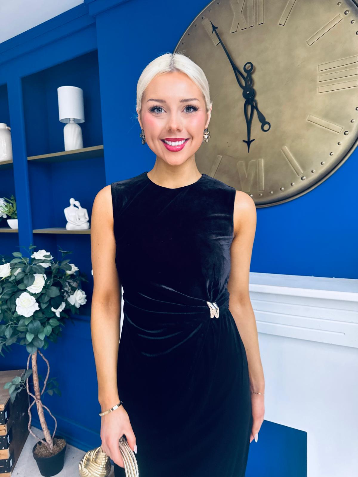 Louisa Velvet Gold Buckle Midi Dress Black