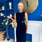 Louisa Velvet Gold Buckle Midi Dress Black