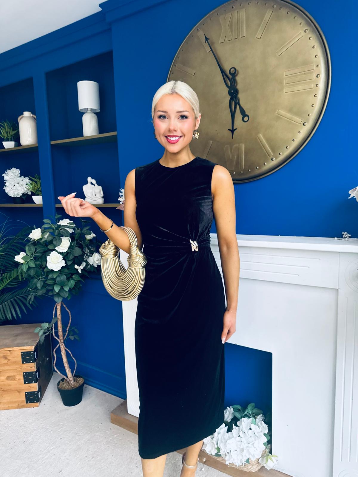 Louisa Velvet Gold Buckle Midi Dress Black