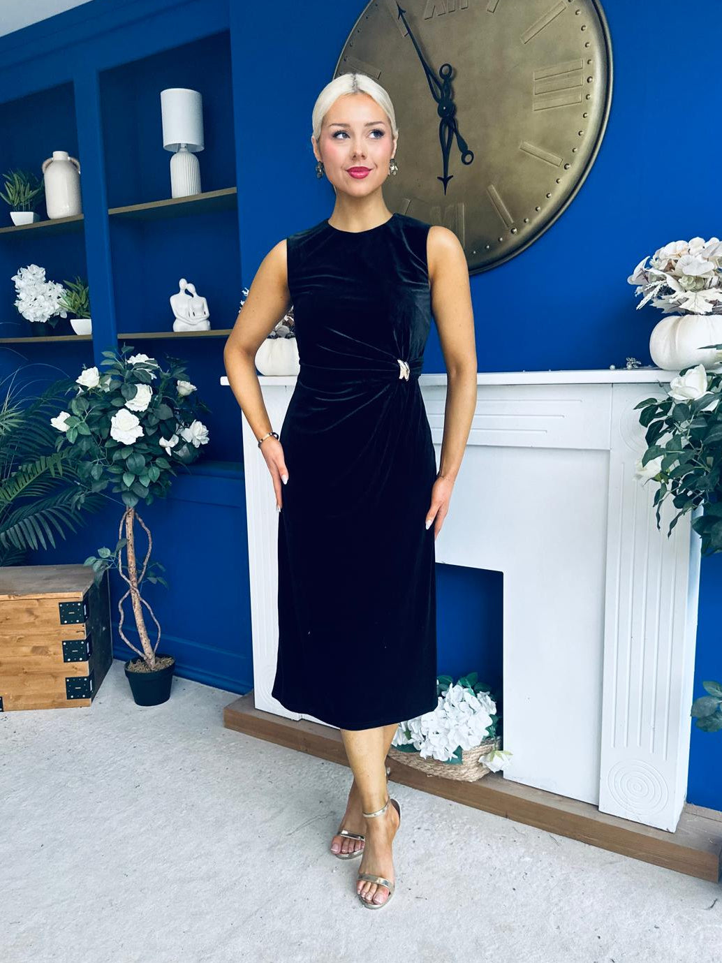 Louisa Velvet Gold Buckle Midi Dress Black