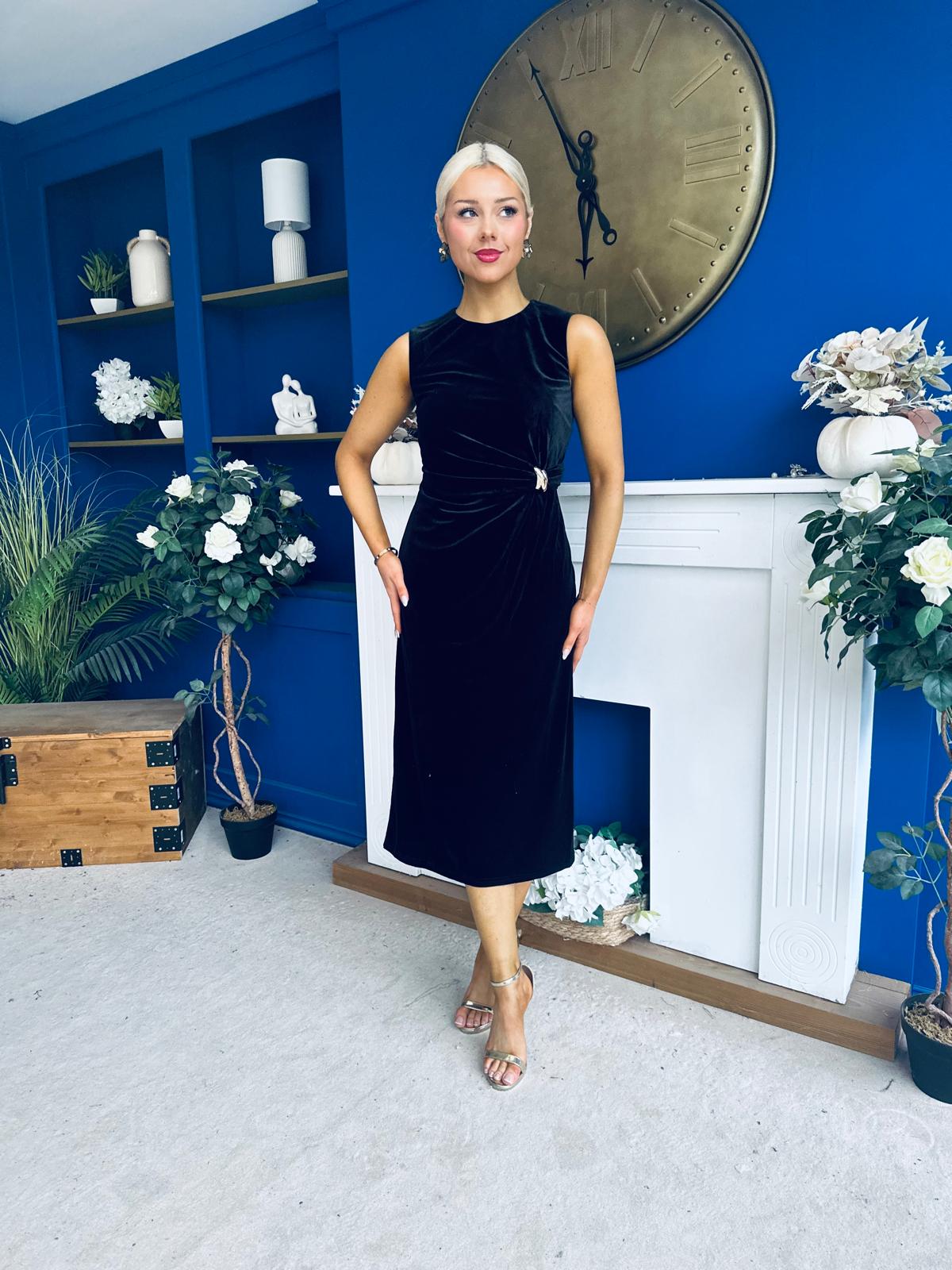 Louisa Velvet Gold Buckle Midi Dress Black