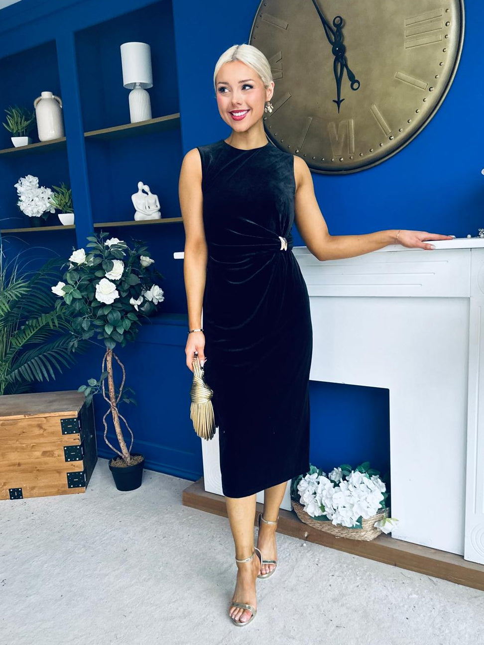 Louisa Velvet Gold Buckle Midi Dress Black