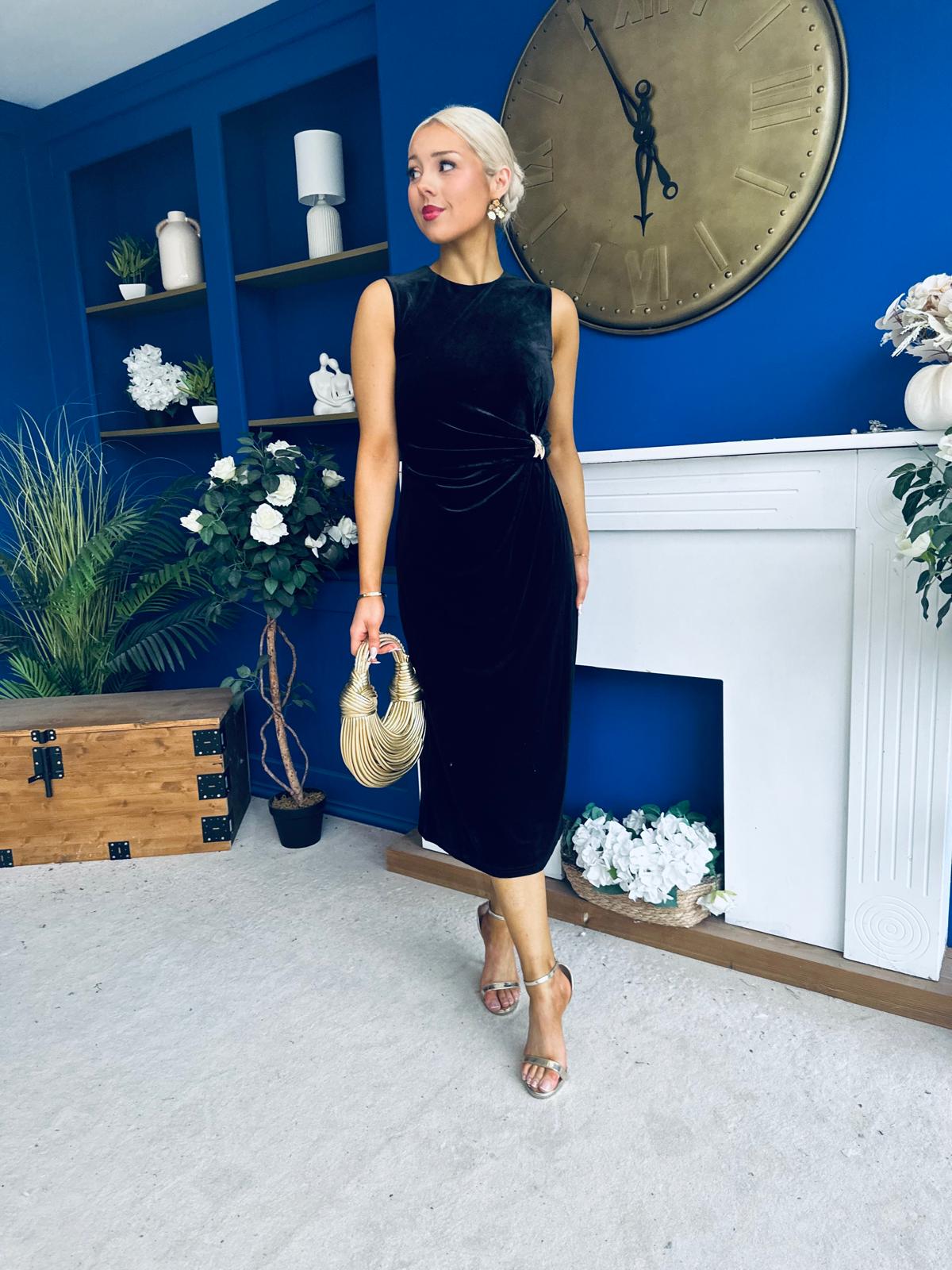 Louisa Velvet Gold Buckle Midi Dress Black